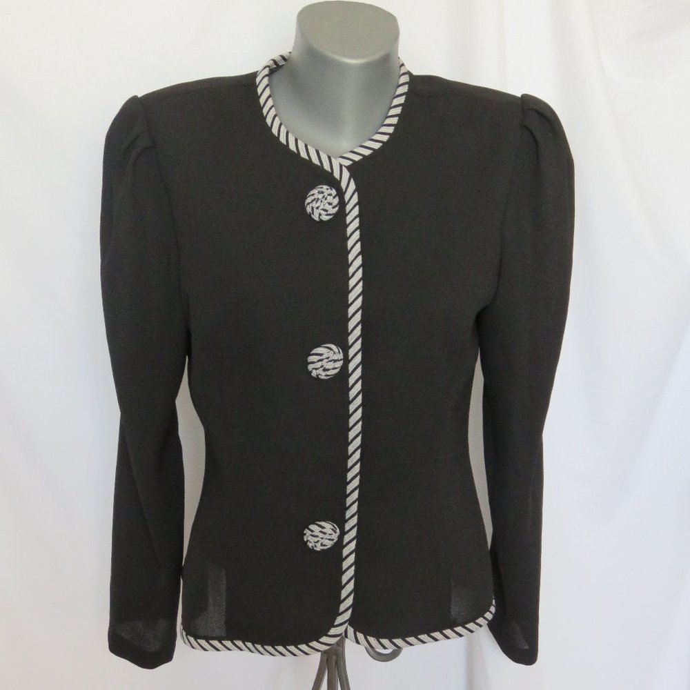 Vintage 1980s Black Crepe Jacket Contrast Trim